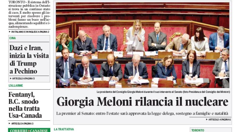 Front page of Corriere Canadese featuring a green masthead, main headline about school funding, and a photo of a crowded senate session.