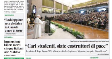 Front page of Corriere Canadese newspaper featuring a big Honda investment headline and a photo of a religious leader speaking to a large audience in a university hall at a conference.