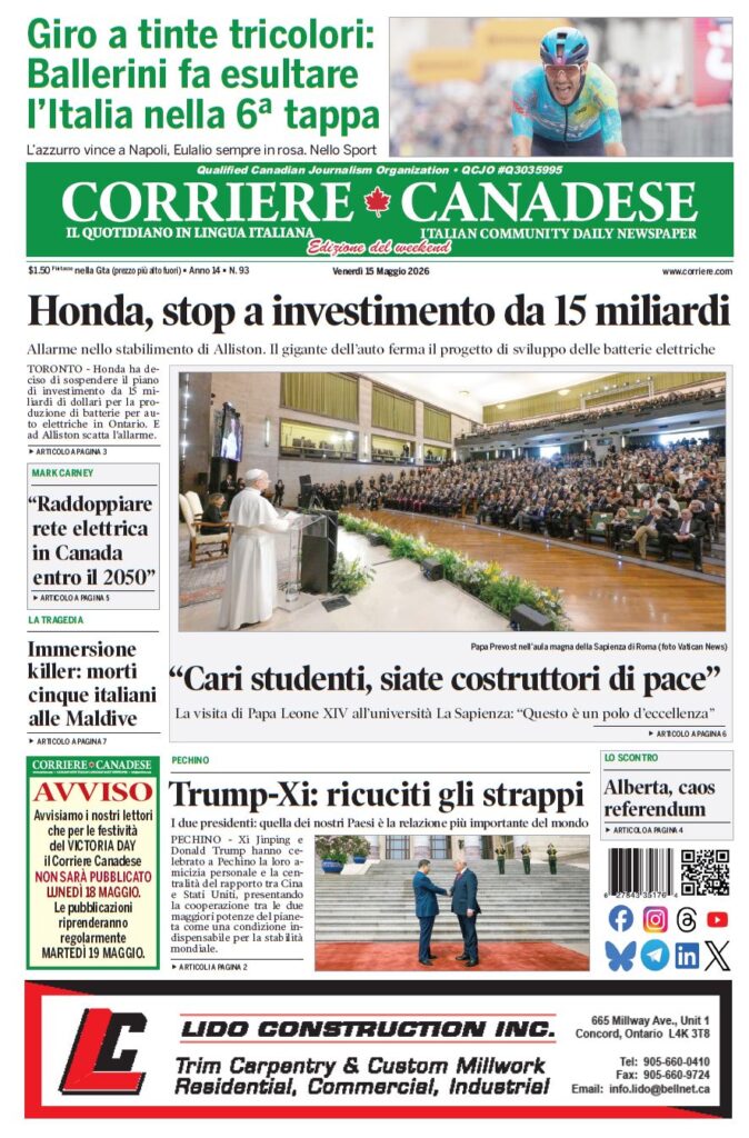 Front page of Corriere Canadese newspaper featuring a big Honda investment headline and a photo of a religious leader speaking to a large audience in a university hall at a conference.