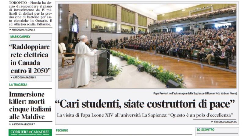 Front page of Corriere Canadese newspaper featuring a big Honda investment headline and a photo of a religious leader speaking to a large audience in a university hall at a conference.