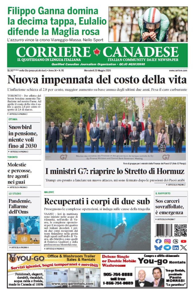 Front page of Corriere Canadese with a bold headline about rising living costs, and a photo of G7 ministers below the headline.