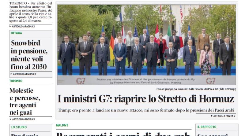 Front page of Corriere Canadese with a bold headline about rising living costs, and a photo of G7 ministers below the headline.