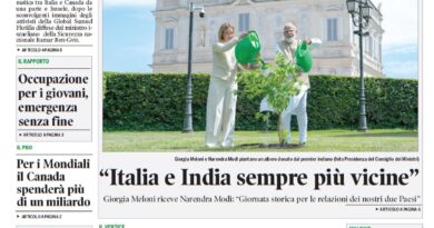 Copertina del Corriere Canadese: titolo 'Italia e India sempre più vicine'; Meloni e Modi piantano un albero davanti a un edificio governativo.