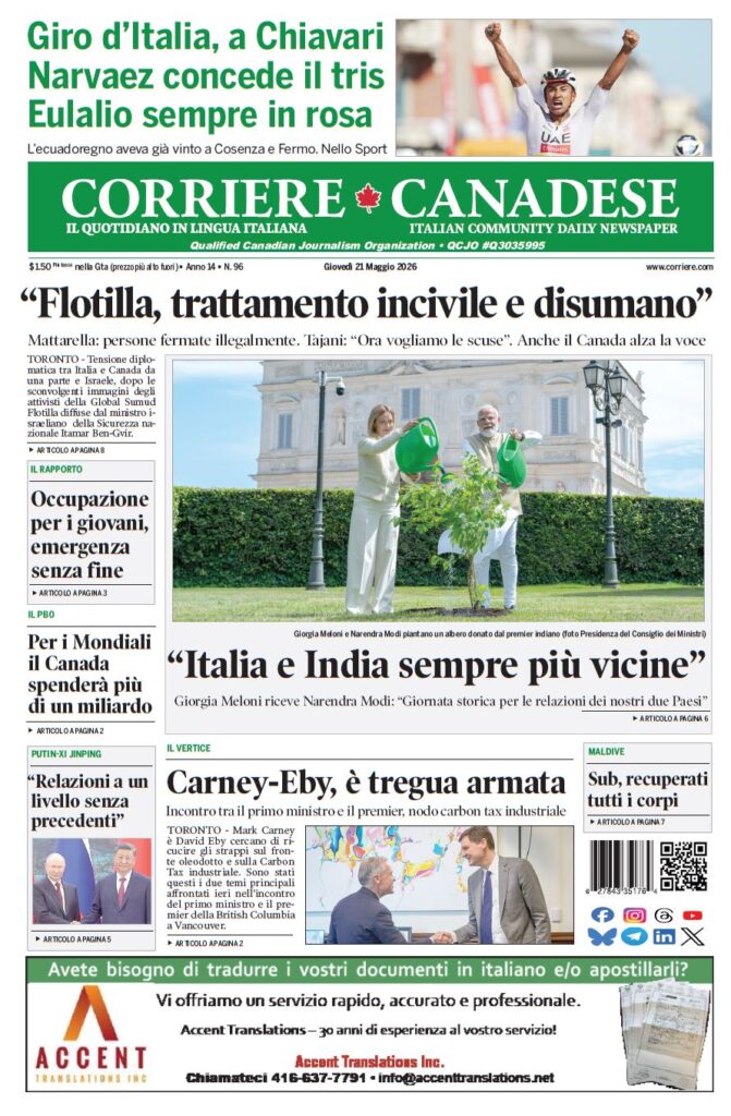 Copertina del Corriere Canadese: titolo 'Italia e India sempre più vicine'; Meloni e Modi piantano un albero davanti a un edificio governativo.