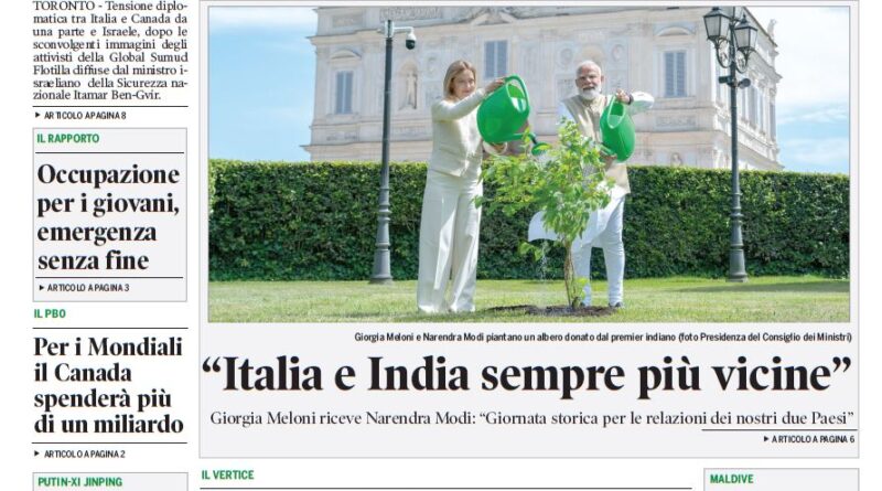 Copertina del Corriere Canadese: titolo 'Italia e India sempre più vicine'; Meloni e Modi piantano un albero davanti a un edificio governativo.