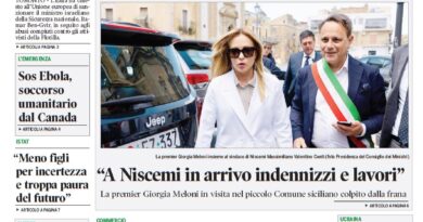 Front page of Corriere Canadese; main headline about Italy-Canada tensions with Israel; photo of Giorgia Meloni with a local official during a visit.