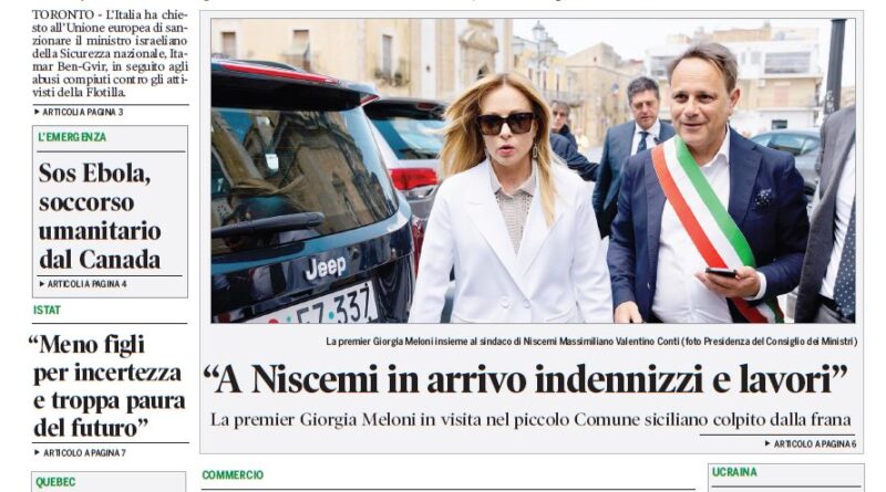 Front page of Corriere Canadese; main headline about Italy-Canada tensions with Israel; photo of Giorgia Meloni with a local official during a visit.