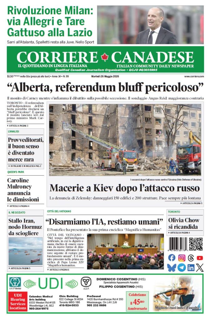 Front page of Corriere Canadese with the headline 'Alberta, referendum bluff pericoloso' and a photo of a damaged building with emergency crews nearby.