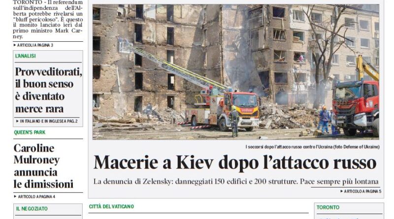 Front page of Corriere Canadese with the headline 'Alberta, referendum bluff pericoloso' and a photo of a damaged building with emergency crews nearby.