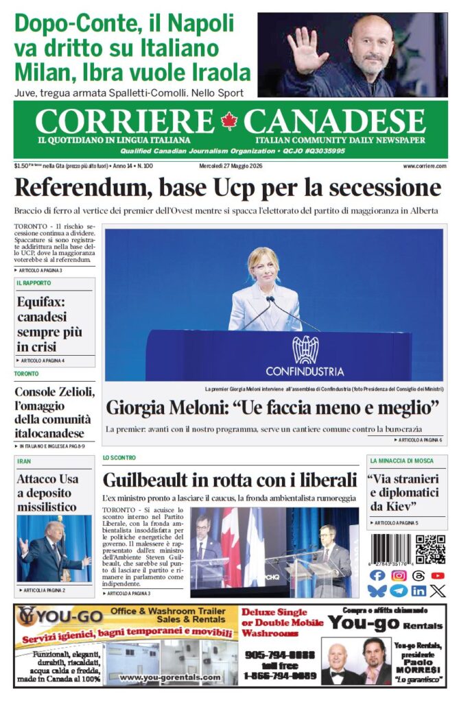 Front page of Corriere Canadese newspaper with a green masthead and a large photo of Giorgia Meloni speaking at a Confindustria podium. The headline discusses a referendum and secession.