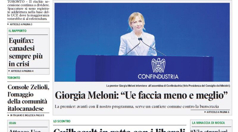 Front page of Corriere Canadese newspaper with a green masthead and a large photo of Giorgia Meloni speaking at a Confindustria podium. The headline discusses a referendum and secession.