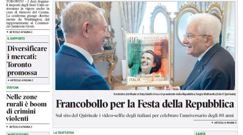 Front page of Corriere Canadese newspaper with a large green headline about tariffs, a central photo of two men in suits beside a commemorative stamp, and a small sports photo of a cyclist at the top.