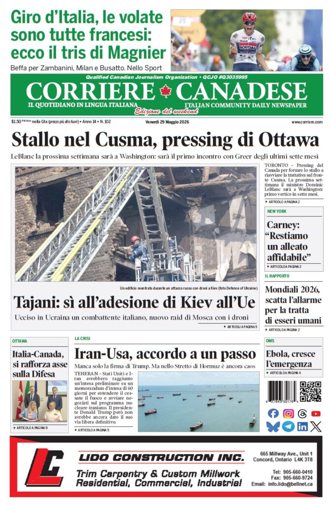 Front page of the Corriere Canadese newspaper with the main headline about Ottawa pressuring Cusma and a photo of firefighters on a damaged building with a ladder