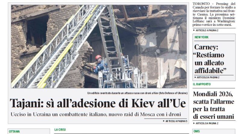Front page of the Corriere Canadese newspaper with the main headline about Ottawa pressuring Cusma and a photo of firefighters on a damaged building with a ladder
