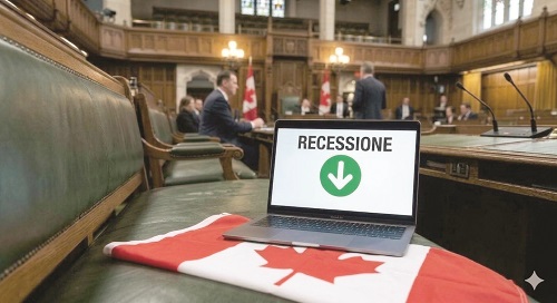 Laptop on a desk displaying 'RECESSIONE' with a green down arrow, placed on a Canadian flag inside a parliamentary chamber with people in the background.