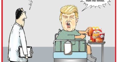 Cartoon of President Trump in a hospital bed with a fast-food tray; doctor says he may go, but Trump refuses until finished.