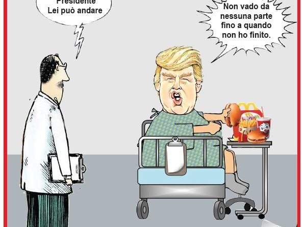 Cartoon of President Trump in a hospital bed with a fast-food tray; doctor says he may go, but Trump refuses until finished.