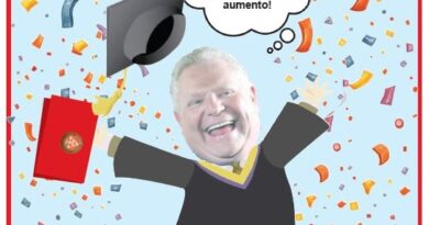 Satirical cartoon of a generic man in a graduation gown throwing his cap amid confetti, thinking, 'Now I can give myself a raise.'