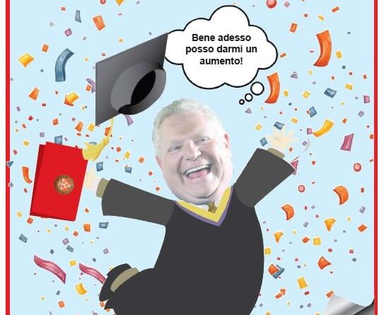 Satirical cartoon of a generic man in a graduation gown throwing his cap amid confetti, thinking, 'Now I can give myself a raise.'