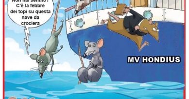Cartoon of a cruise ship labeled MV HONDIUS; several mice fall into the sea, one in a life ring paddles nearby as others jump or swim.