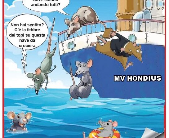 Cartoon of a cruise ship labeled MV HONDIUS; several mice fall into the sea, one in a life ring paddles nearby as others jump or swim.