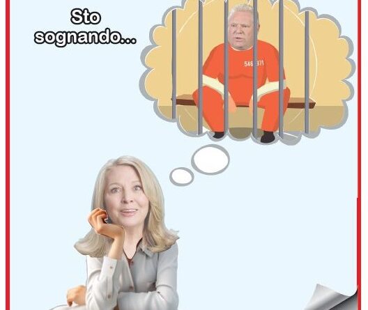 A cartoon shows a woman on a cloud thinking of a man in prison bars, with the caption 'Sto sognando...' (I'm dreaming).