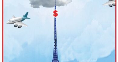 Illustration of gas price rising: a tall blue tower with a red dollar sign, seen from a car dashboard; caption 'Prezzo della benzina'.