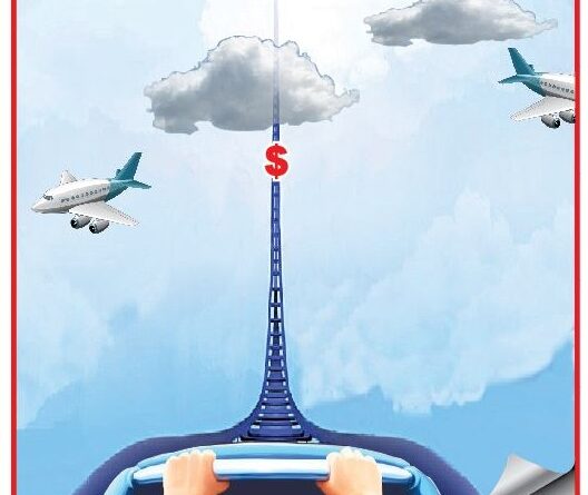 Illustration of gas price rising: a tall blue tower with a red dollar sign, seen from a car dashboard; caption 'Prezzo della benzina'.