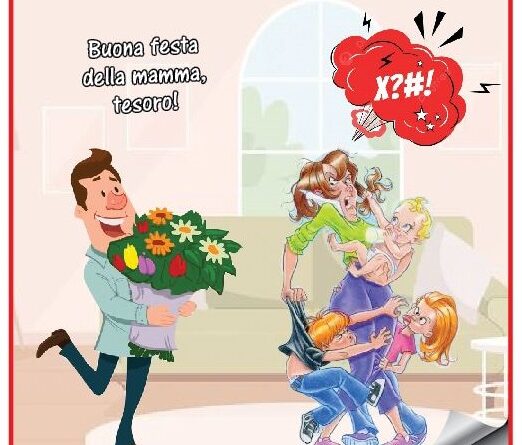 Cartoon scene of a man presenting a bouquet to a woman (the mom) in a living room while children playfully cling to her; Italian caption reads “Buona festa della mamma, tesoro!” with a red angry cloud near the mom.