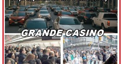 Vignetta satirica su Downtown Toronto: traffico intenso, pendolari stipati in metropolitana e strada affollata, con i titoli Grande Casino e Downtown Toronto (Dopo le partite).