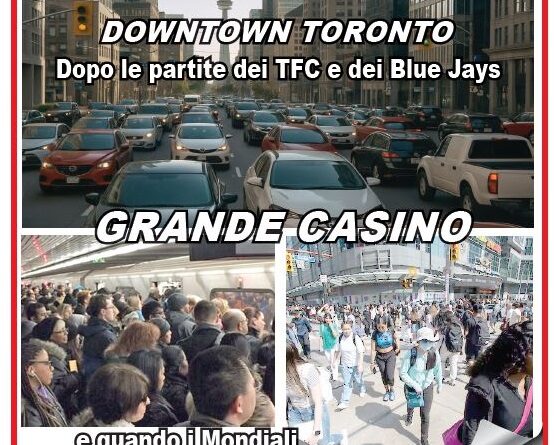 Vignetta satirica su Downtown Toronto: traffico intenso, pendolari stipati in metropolitana e strada affollata, con i titoli Grande Casino e Downtown Toronto (Dopo le partite).