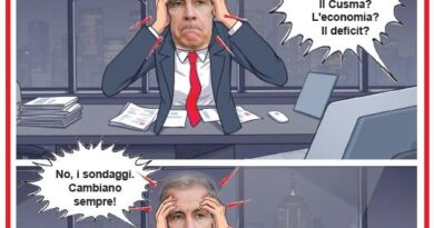 Two-panel cartoon of a stressed businessman at a cluttered office desk, with speech bubbles about polls and the economy.