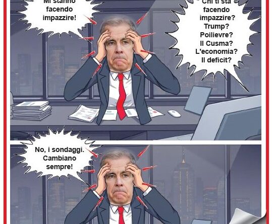 Two-panel cartoon of a stressed businessman at a cluttered office desk, with speech bubbles about polls and the economy.