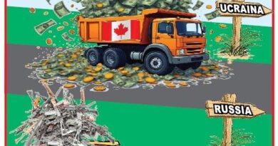 Cartoon showing a Canada-flagged dump truck spilling money and coins along a road, with signposts pointing to Ukraine and Russia; a second truck carries a pile of scrap metal, suggesting financial flows between the two countries.