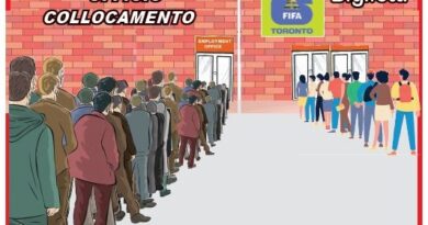 Cartoon showing a long queue at an employment office labeled 'UFFICIO COLLOCAMENTO' beside a ticket window labeled 'Biglietti' with a FIFA Torino sign in the background.