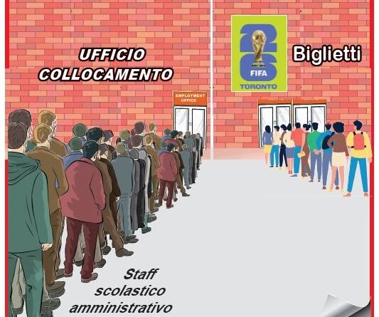 Cartoon showing a long queue at an employment office labeled 'UFFICIO COLLOCAMENTO' beside a ticket window labeled 'Biglietti' with a FIFA Torino sign in the background.