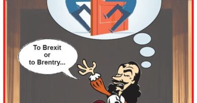 Cartoon of a man on stage, holding a skull, daydreaming about Brexit vs Brentry with two figures pushing a door marked EU emblem/flag in a speech-bubble scene.