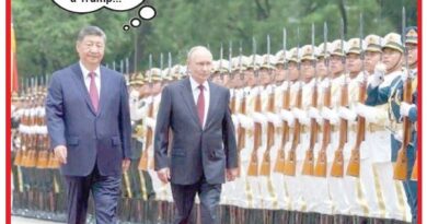 Two world leaders walk on a red carpet past lined soldiers; a speech bubble jokes about Trump.