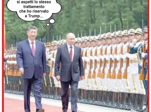 Two world leaders walk on a red carpet past lined soldiers; a speech bubble jokes about Trump.