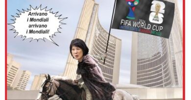 Satirical cartoon: a person rides a horse through a futuristic city with a FIFA World Cup 2026 flag; speech bubble reads 'Arrivano i Mondiali'.