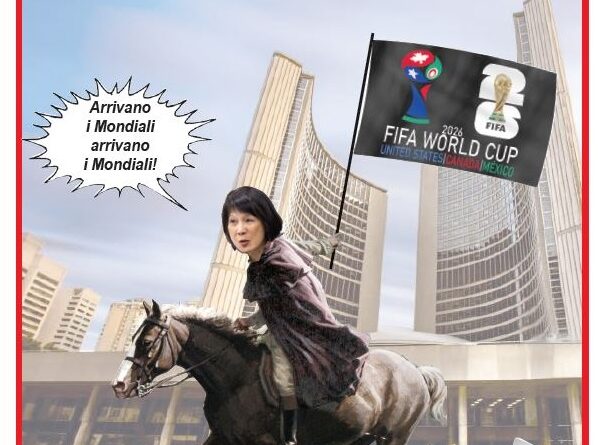 Satirical cartoon: a person rides a horse through a futuristic city with a FIFA World Cup 2026 flag; speech bubble reads 'Arrivano i Mondiali'.