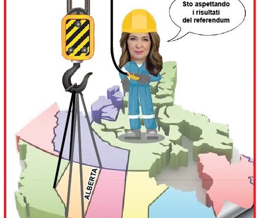 Satirical cartoon of a construction worker on a crane over a colored map of Italy, saying she's waiting for referendum results.