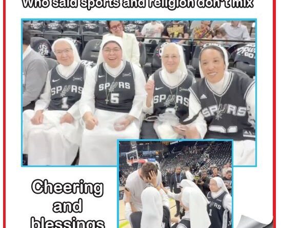 Nuns in San Antonio Spurs jerseys sit together courtside at a basketball game, smiling; an inset shows them blessing players on the court.