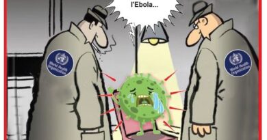 Two scientists wearing coats with WHO badges surround a small chair holding a sick green virus; speech bubble reads, 'I swear I have nothing to do with Ebola.'