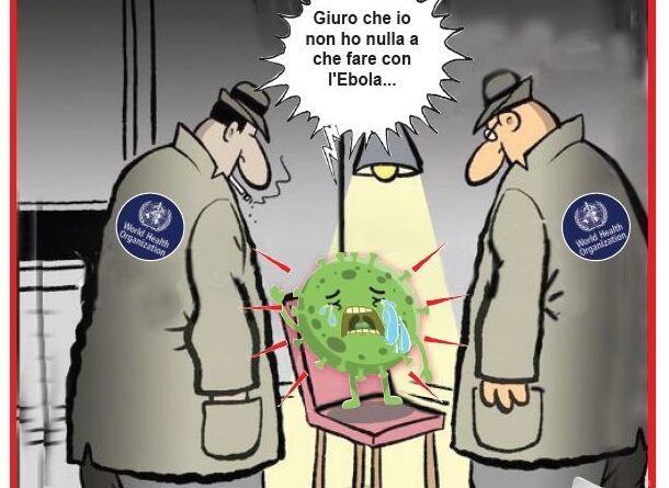 Two scientists wearing coats with WHO badges surround a small chair holding a sick green virus; speech bubble reads, 'I swear I have nothing to do with Ebola.'