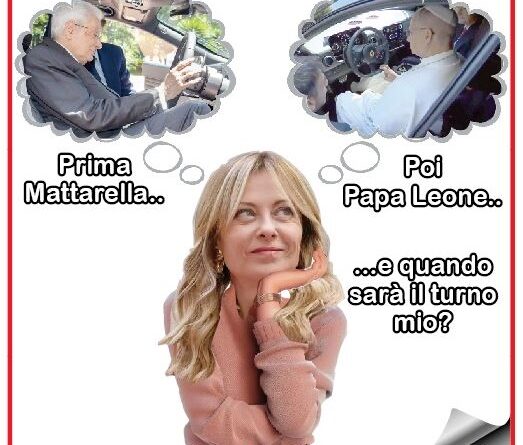 Satirical cartoon: a woman looks up thoughtfully as two thought bubbles show men in cars, with the caption asking when it will be her turn.