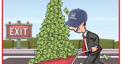 Cartoon of a man in a suit and Honda cap pushing a wheelbarrow piled high with cash toward an EXIT sign, captioned 'Sussidi Canadese'.