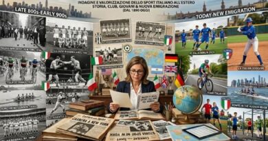 A woman at a desk reading papers, with a collage of historical Italian emigration and sports photos behind her.