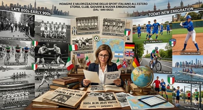 A woman at a desk reading papers, with a collage of historical Italian emigration and sports photos behind her.