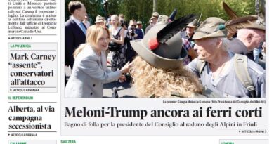 Front page of Corriere Canadese with a large crowd photo under the main headline about Meloni and Trump.